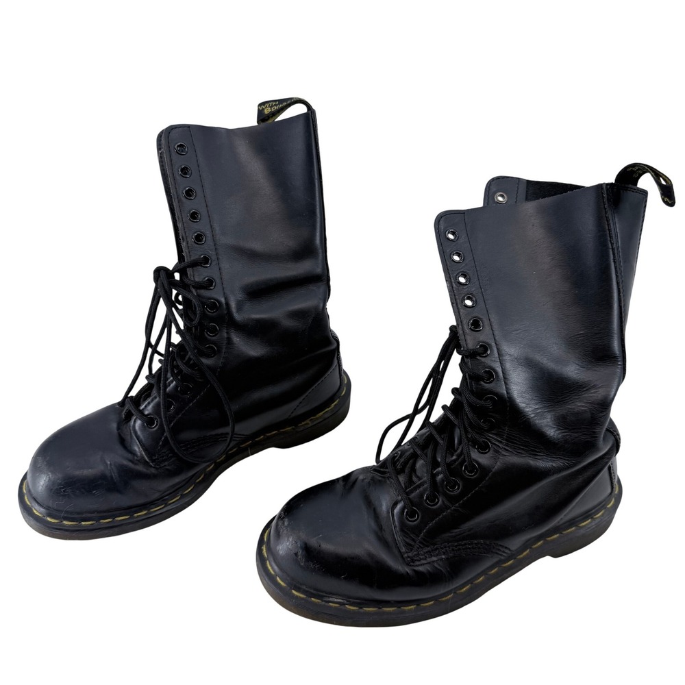 Dr Martens 1490 Black Leather 14 Eye Hole Combat Boots US Men 7 Women‎ 8 UK 6